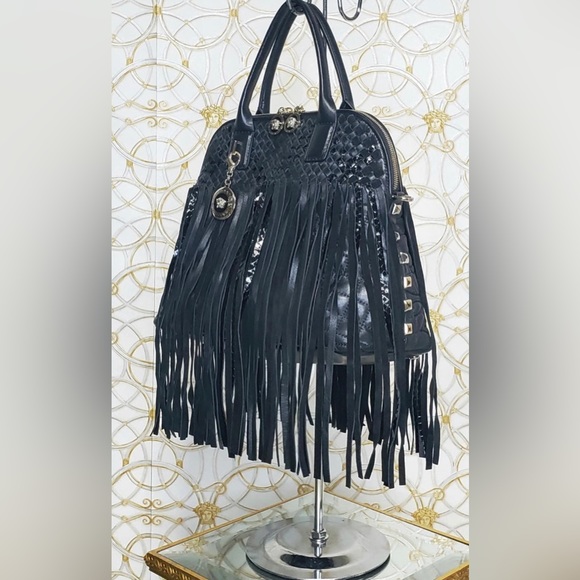 VERSACE FRINGED BLACK LEATHER HANDBAG NWT - Picture 3 of 10